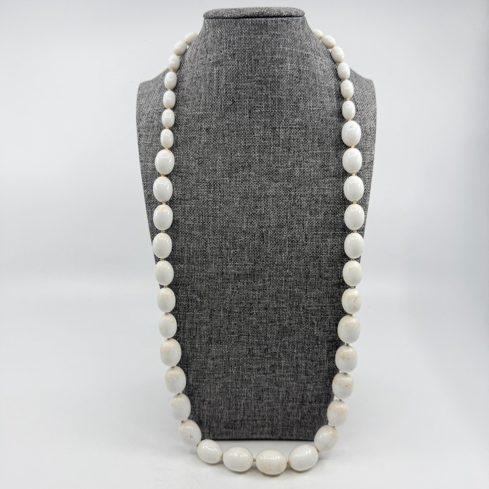 White Stone Look Oval Bead Necklace Knotted Long Boho Statement Gold Tone Clasp